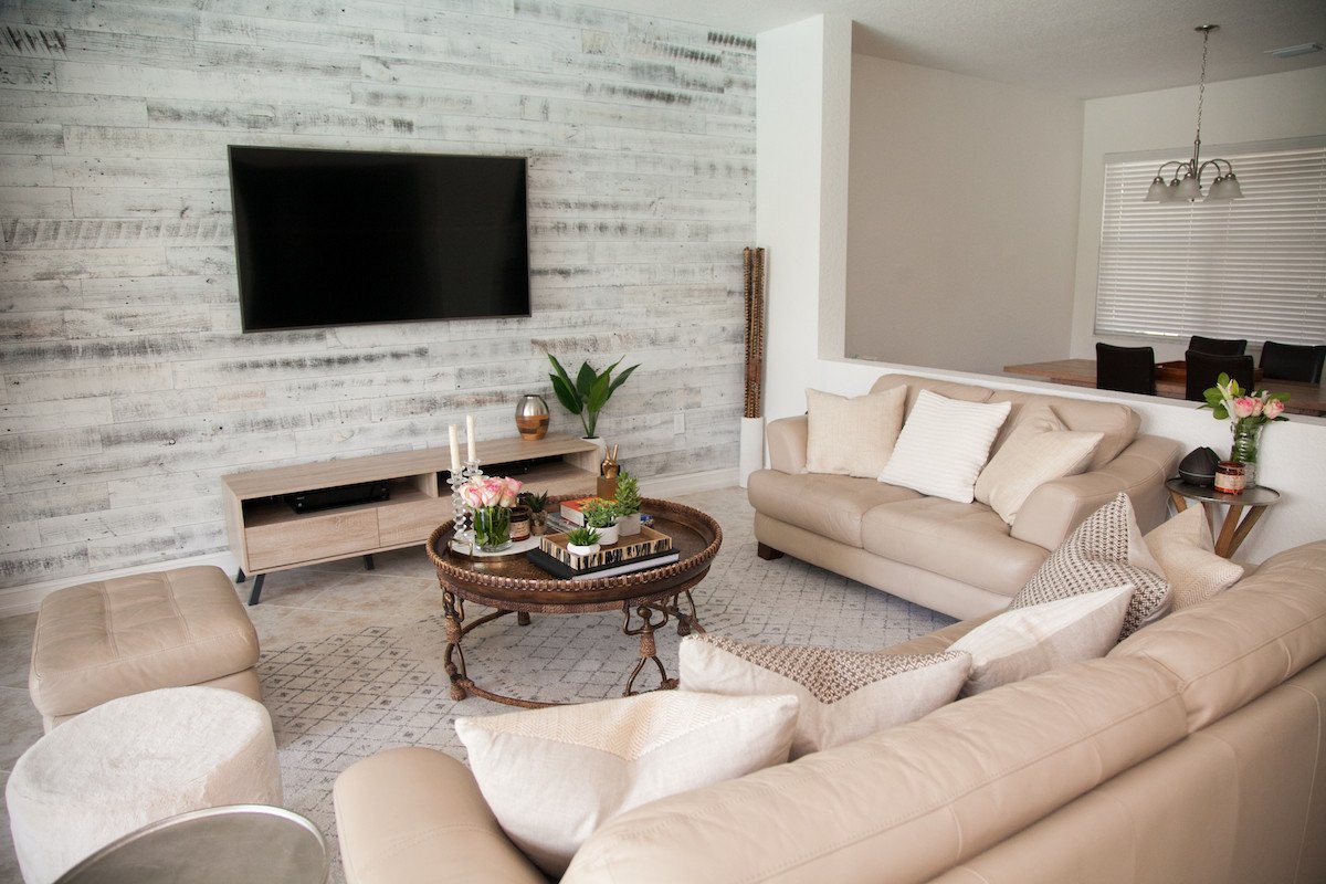 Transitional Living Room Stikwood Accent Wall
