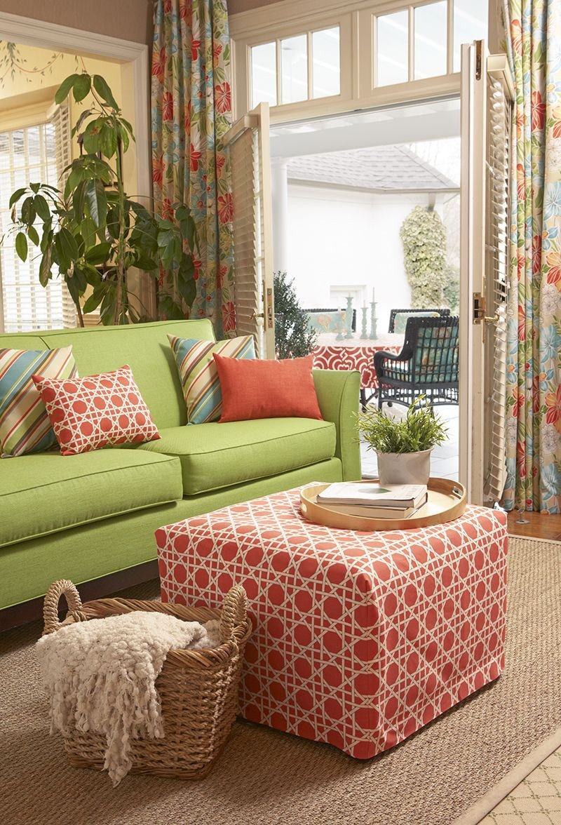 Coral and lime green living room color story featuring