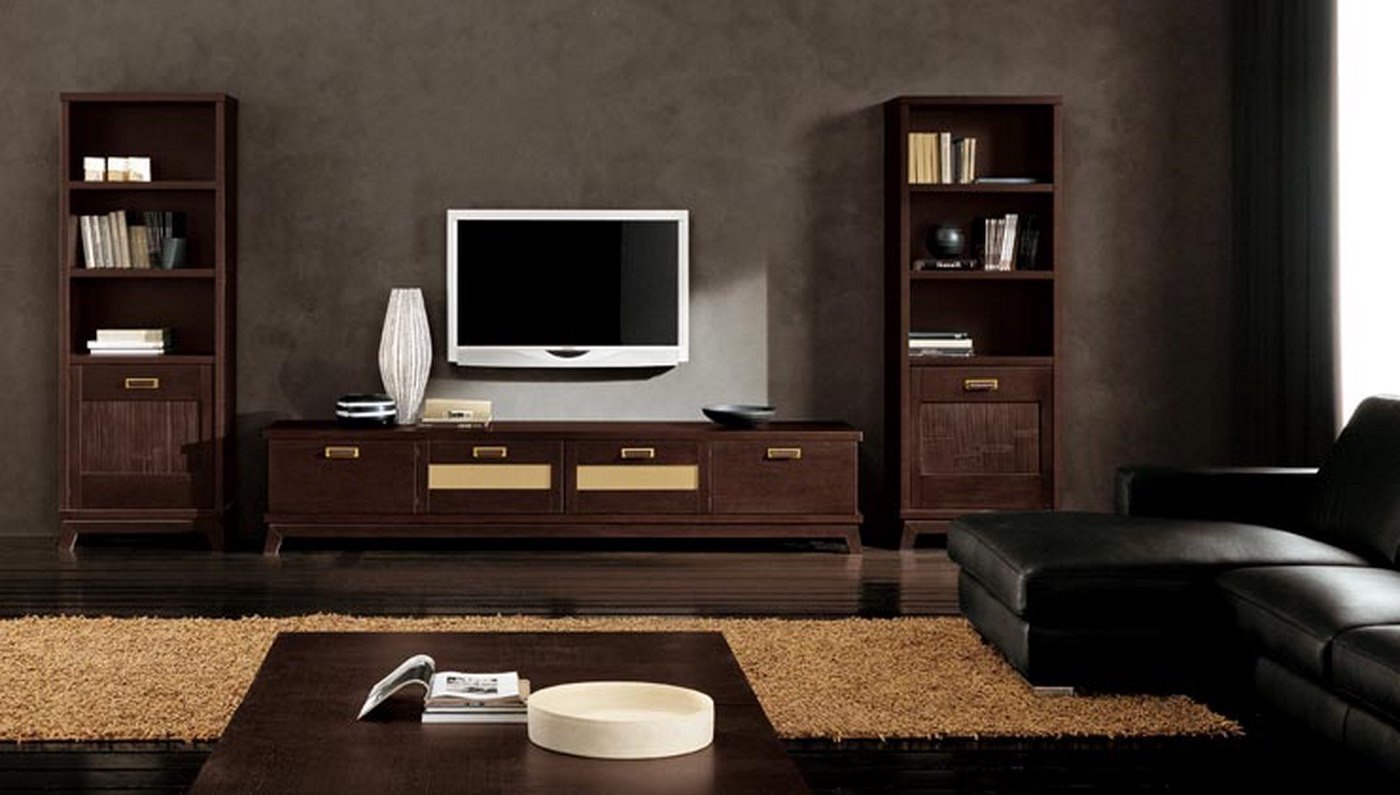 modern ethnic living room with small TV stand and two