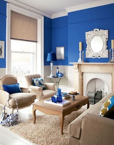 Royal blue tan & white living room