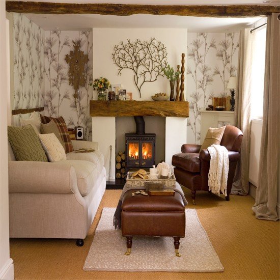 Living room with woodland wallpaper