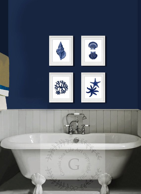 Bathroom Wall Art and Decor Best Of Artwork Set Of 4 Navy Blue Colored Beach themed Decor Art Prints Name Of This Set is Sealife
