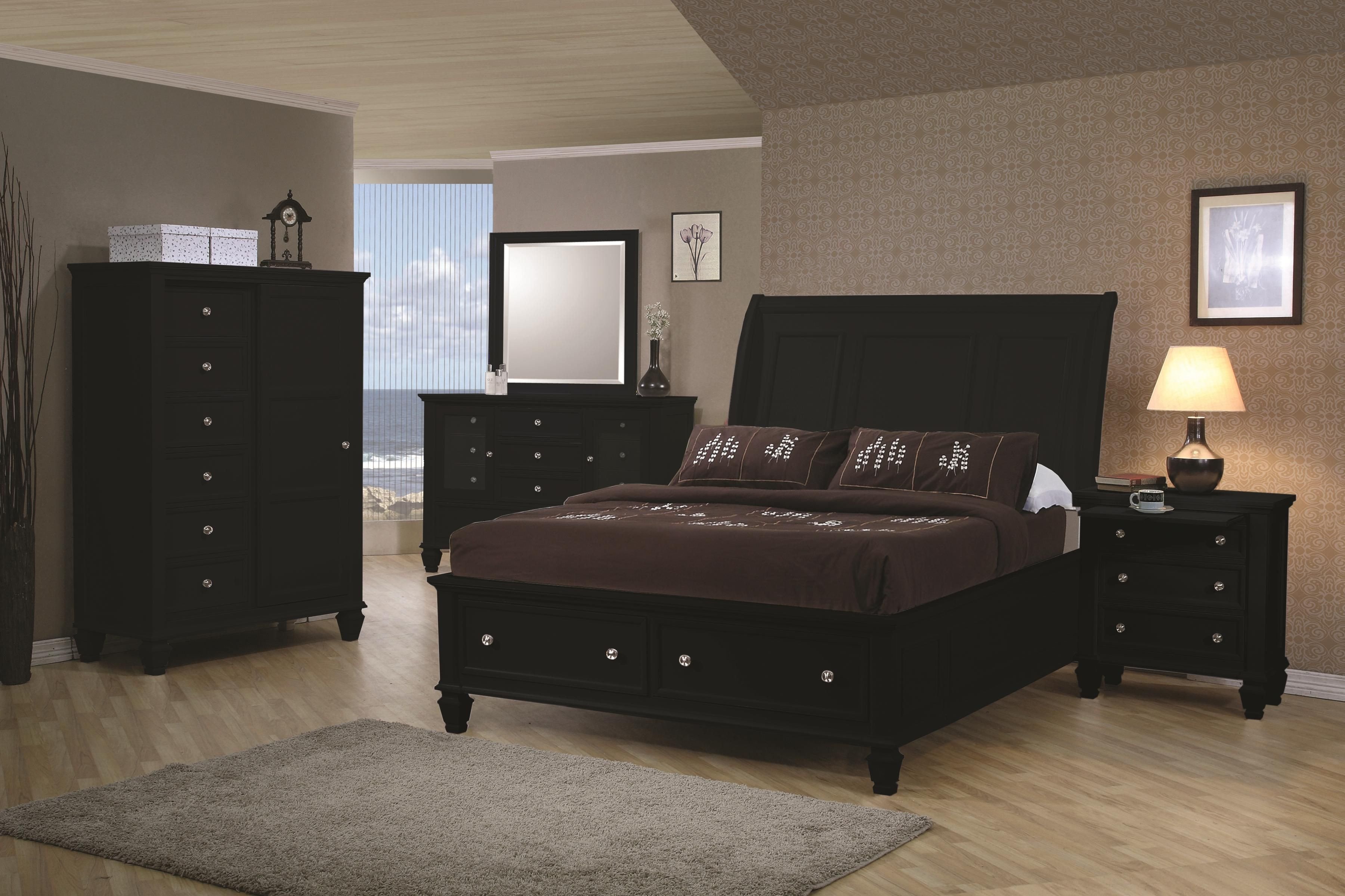 wood and black bedroom furniture