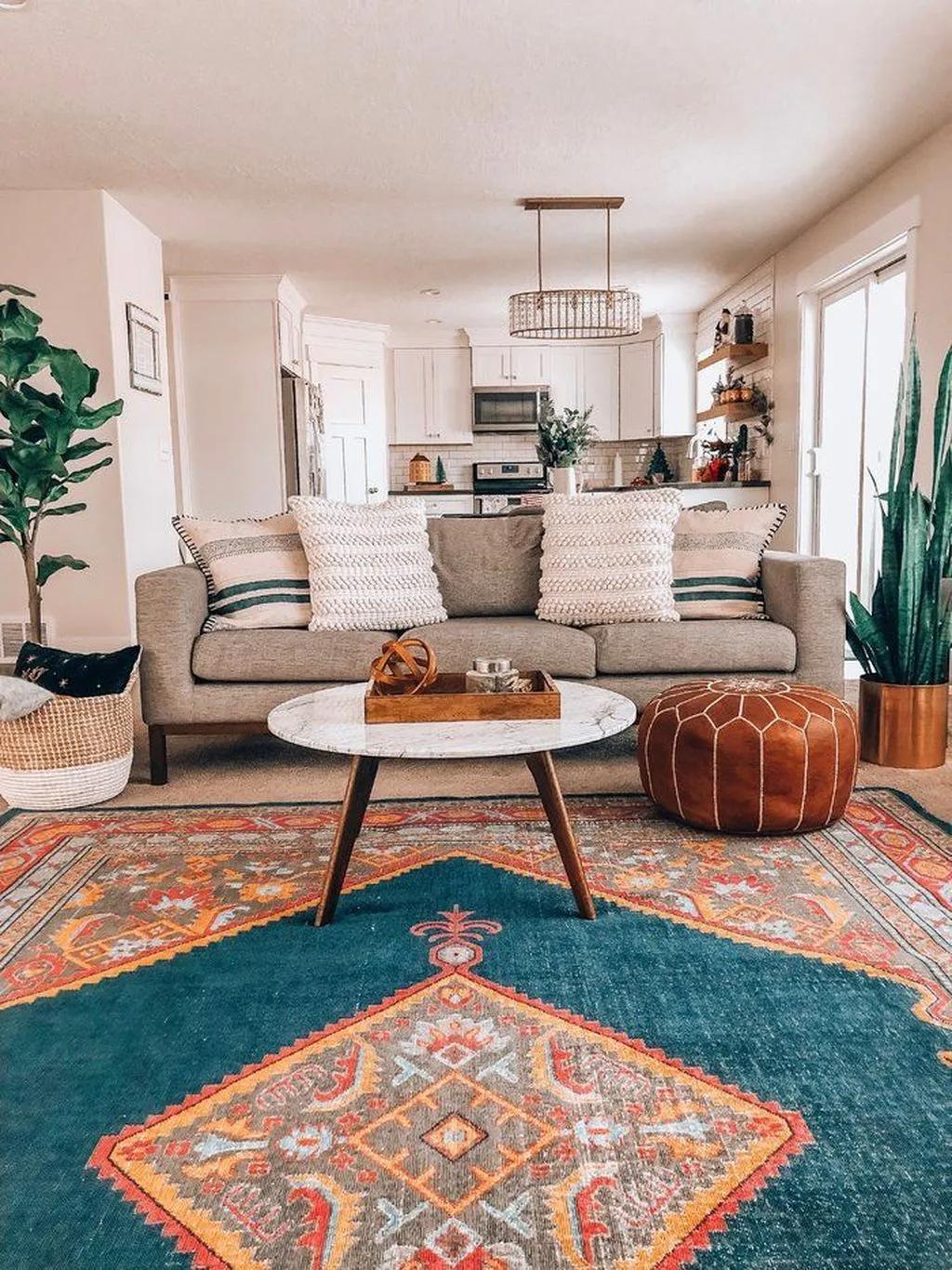 Boho Living Room Orange Couch And White Furniture