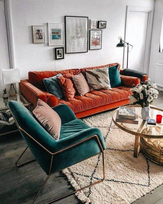 Boho Living Room Orange Couch And White Sofa