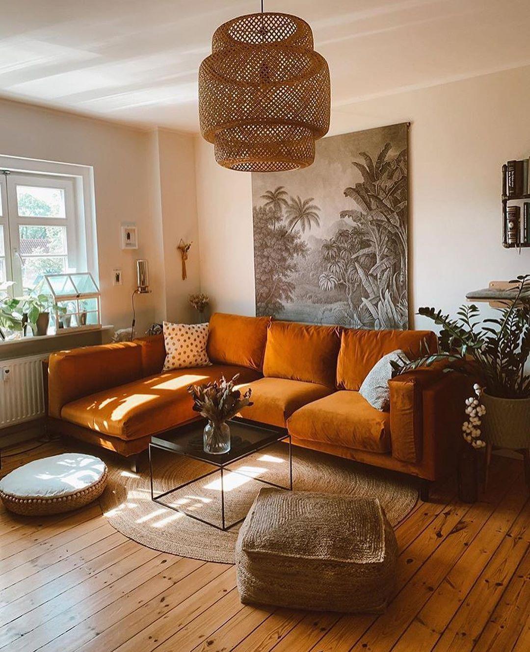 Boho Living Room Orange Couch Design Ideas