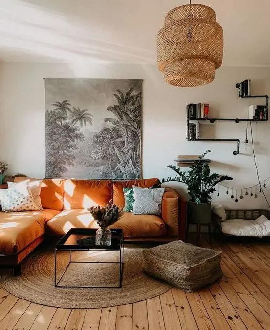 Boho Living Room Orange Couch Fabric